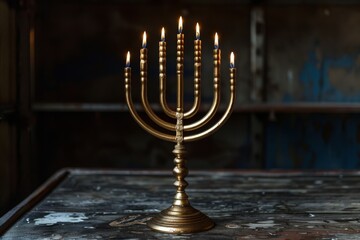 Golden Menorah on Wooden Table
