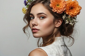 
Beautiful blonde woman with flower crown on her head in photography pose on light background