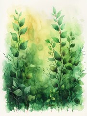 Green Leaves Watercolor Painting on White Background