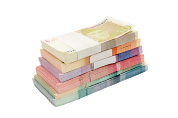 Pakistan currency banknote bundles on white isolated background.
