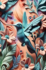tropical background with protea, hibiscus flowers, leaves, hummingbirds, butterflies.