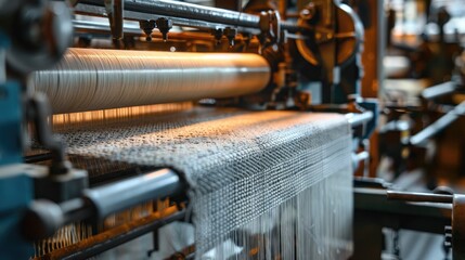 modern industrial weaving loom, taken aside, real photography, ultra-realism  