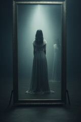 Young woman wearing a white dress. Woman reflection in the mirror.  Back view of a woman standing inside mirror. Spooky horror atmosphere. - 749973714