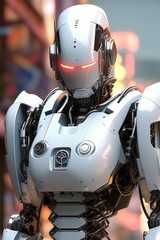 Fototapeta premium Positive cute robot pointing at a space. Copy space, ai generated