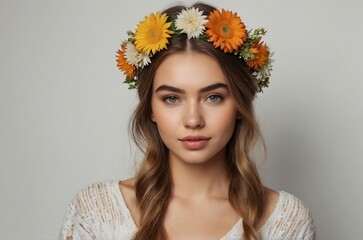 
Beautiful blonde woman with flower crown on her head in photography pose on light background