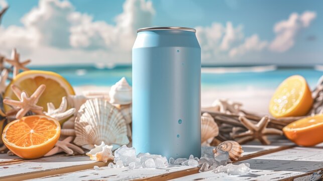 A simple, tall, light blue can sits on a wooden table with crushed ice. Surrounded with shells and orange slices. A quiet coastal area with white sand beaches and blue waters.