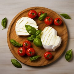 Burrata cheese served with fresh tomatoes and basil leaves.