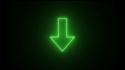 Neon arrow symbol icon. The green-colored arrow points down. Black Background with arrow direction down. Directional sign. Flat design.