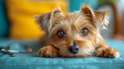 Fawn Yorkipoo companion dog is lounging on a blue couch, gazing at the camera