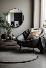 Cozy Scandinavian Interior with Empty Frames, Furniture, Plants, and Lamps





