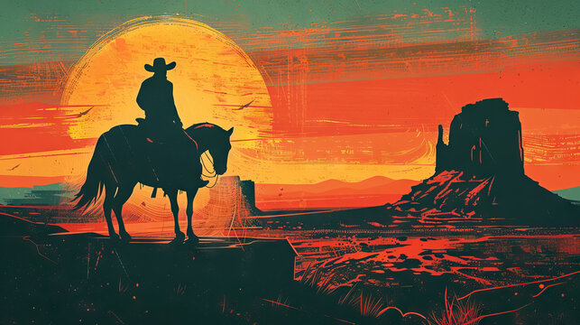 back view cowboy silhouette on horseback at small-town rodeo with copy space - AI Generated Abstract Art