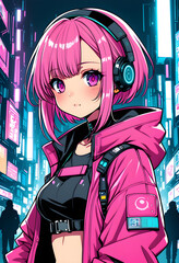 A lovely and vibrant image of a manga cyberpunk girl on pink tones