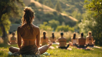 People practicing yoga in a circle on grass in a natural landscape field - obrazy, fototapety, plakaty
