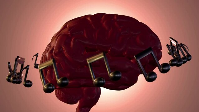 3d animation of musical notes and a human brain 