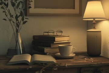 Stack of books, reading glasses, and a cup of coffee on a wooden table in a cozy home.