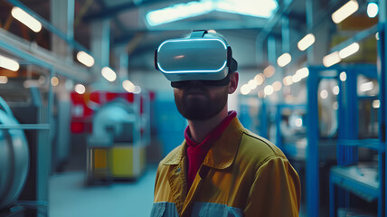 Man Exploring Virtual Reality in an Industrial Setting
. An individual immersed in a virtual reality experience, wearing a VR headset in an industrial warehouse environment.
