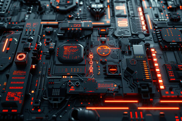 A tech texture Circuit Board Dark metal with Electronic Components Macro View of Computer Hardware and Electrical Engineering Technology in Data Processing Industry