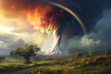 natural disaster tornado, rainbow colored, in the countryside - obrazy, fototapety, plakaty