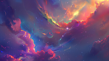 Surreal Cosmic Phenomenon with Vibrant Nebulae
. A stunning digital art piece depicting a surreal and vibrant cosmic phenomenon filled with colorful nebulae and celestial bodies.
