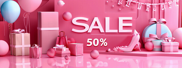 A shopping discount sale promotion banner in 3D rendering design.