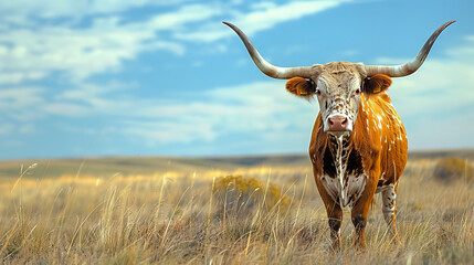 A longhorn steer grazes in a pasture with copy space - AI Generated