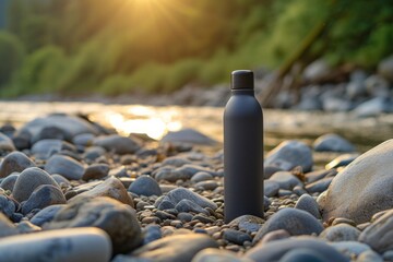 mockup matte metal black bottle for water stand in a stones, river, sun ray. Copy space. Template for your design, space for packaging. Concept traveling and hiking.