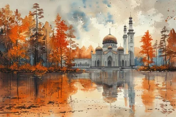 Photo sur Plexiglas Orange ramadan decoration and islamic watercolour  greeting card background with a mosque landscape