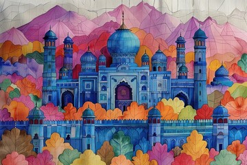 Naklejka premium ramadan decoration and islamic watercolour greeting card background with a mosque landscape