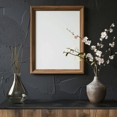 frame mockup and flower vase on dark background, 3 render