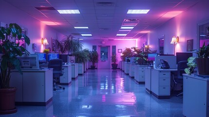 A long hallway in an office with violet lights on the walls