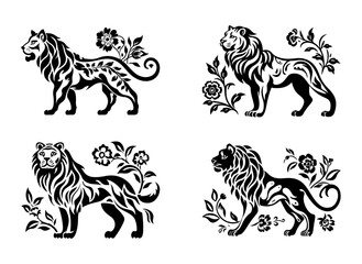 Set of four black illustration showcasing majestic lions in various poses and expressions, black vector design against white background 