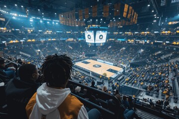 Watching basketball court crowd from far away professional photography - obrazy, fototapety, plakaty