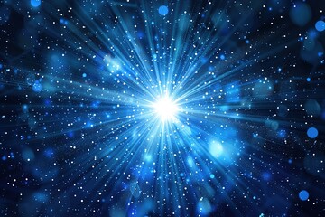 Image of blue star starburst glowing on a dark background, concept of dispersion, explosion, beautiful sparkling light. - obrazy, fototapety, plakaty