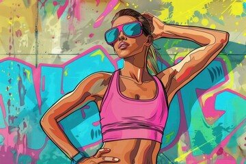 Pop art style energetic woman engaging in various outdoor fitness activities.
