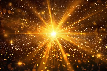 Image of gold and light yellow, dark, light orange, star starburst glowing on a dark background, concept of dispersion, explosion, beautiful sparkling light.