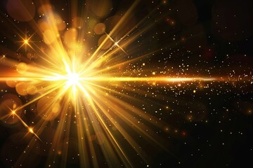 Image of gold and light yellow, dark, light orange, star starburst glowing on a dark background, concept of dispersion, explosion, beautiful sparkling light.