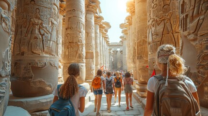 a group of people are walking through an ancient building