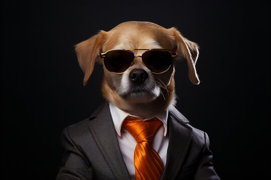 a dog wearing sunglasses and a suit with a tie, cute dog