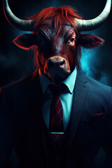 An angry bull with red hair dressed in an office suit and tie