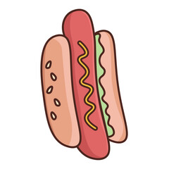 Vector hot dog with sauce, cartoon, isolated, street food, fast food