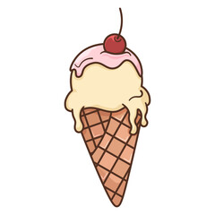 Vector ice cream, with cherry, vanilla ice cream, cartoon, ice cream in a waffle, strawberry. No background, street food.