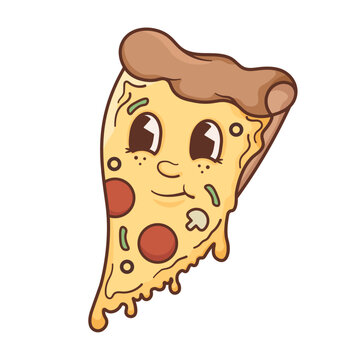 Vector Mascot Pizza. Mascot logo design. No background, street food. Cartoon. Groovy character. Face