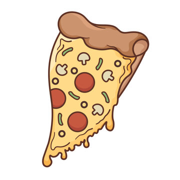 Vector pizza, pizza with mushrooms, salami, cartoon, cheese pizza, isolated, street food, fast food