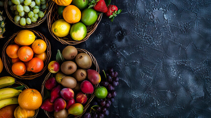 top view flat lay Fresh fruits assorted fruits arranged attractively in baskets on dark background with copy space - AI Generated