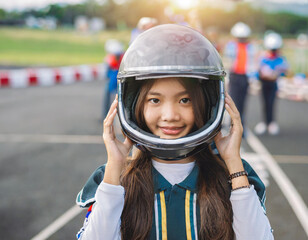 Fototapeta na wymiar Formula 1 girl driver taking off helmet showing her beautiful face 
