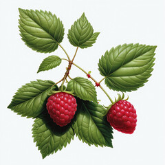 Raspberries and leaves on white background
