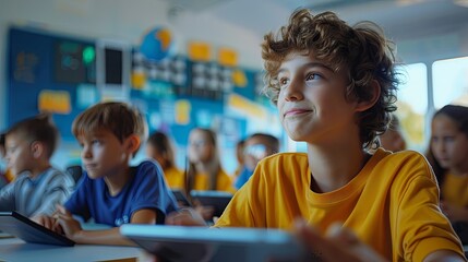 Happy, engaged student in a bright classroom setting using tablets for learning with peers in the background, showcasing a technology-integrated education.