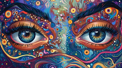 A pair of hyper-realistic eyes set against a backdrop of psychedelic, colorful abstract patterns, evoking a sense of vivid imagination and creativity, third eye visions