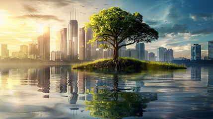 An environment big tree on urban city background - obrazy, fototapety, plakaty