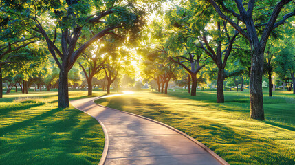 Tranquil Nature Walk through Sunlit Park, Green Trees Arching Over Peaceful Path, Seasonal Beauty
